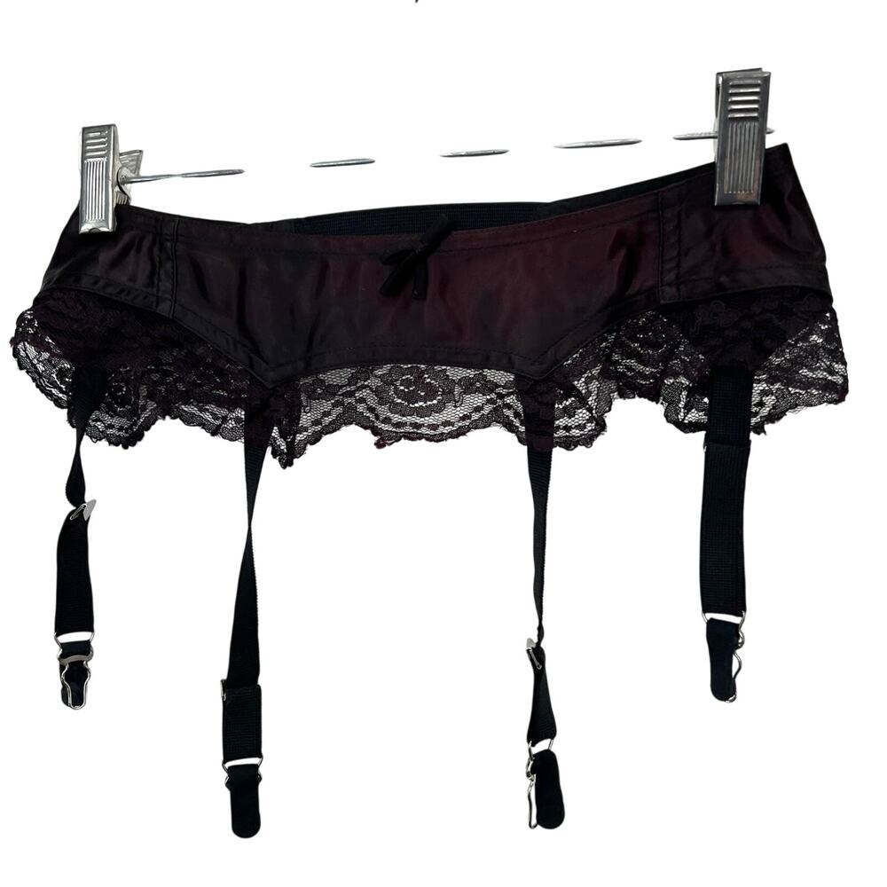 Vintage Fredericks of Hollywood Garter Belt 24 Black Burgundy Satin Union Label
